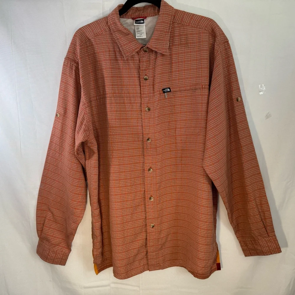 The North Face‎ Orange Checkered Shirt Men’s Size L Hiking Fishing Adventure